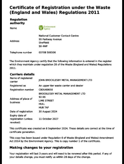 WASTE CARRIER LICENCE 30.08.24 - 11.10.27 CBDU60658